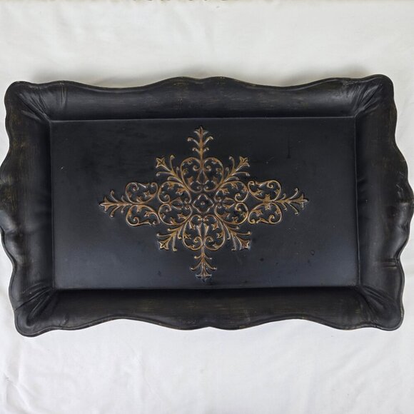 Southern Living at Home Black Metal Rectangular Tray Gold Stamped Top Scalloped - Picture 1 of 14